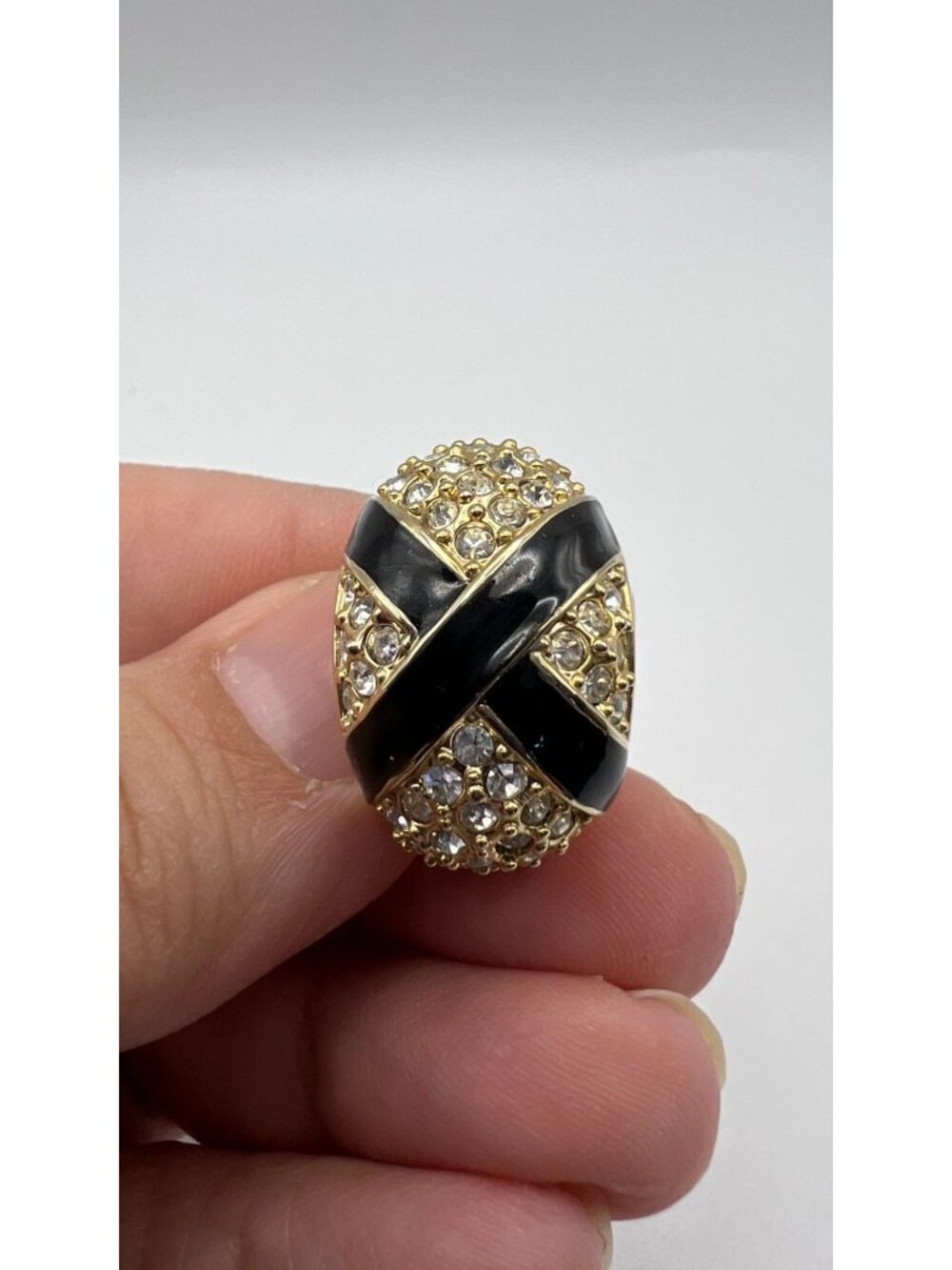 Vintage Gold-Tone Clip-On Earrings With Black Enamel & Rhinestone Accents - Picture 3 of 5